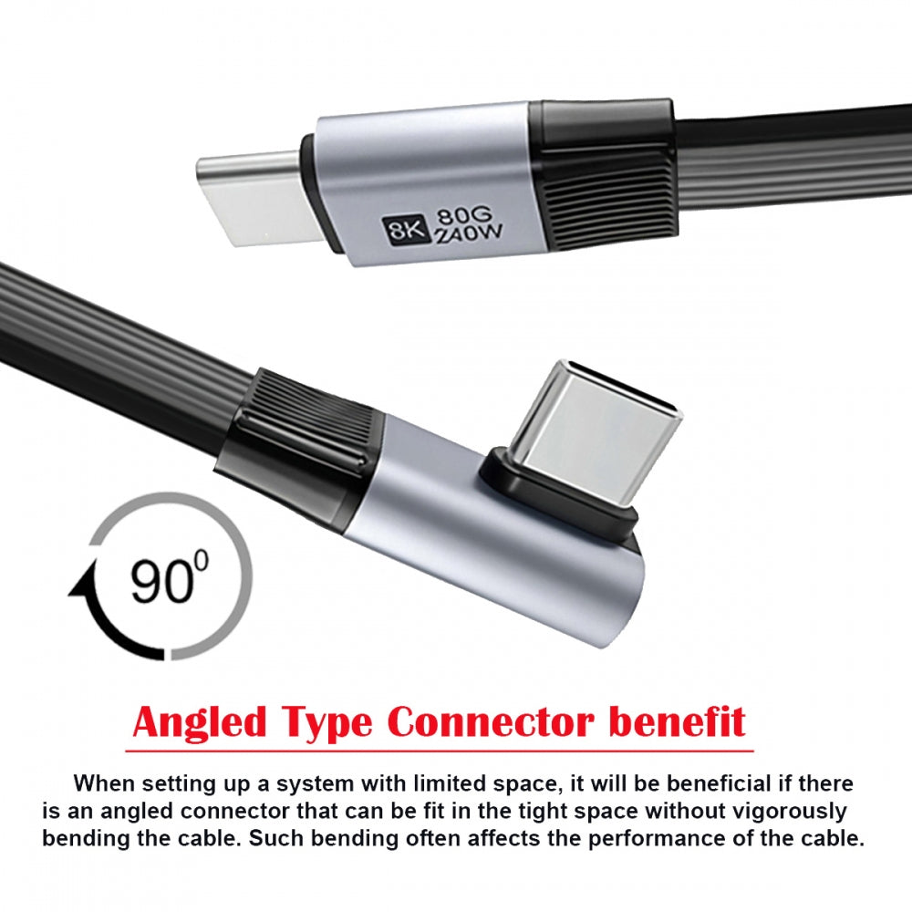 20cm USB5.0 80Gbps Flat Slim FPC Male to Male Extension Cable Low Profile Angled 90 Degree 240W 16K 8K 60Hz 5K Compatible with 40Gbps USB4.0 Thunderbolt3/4/5