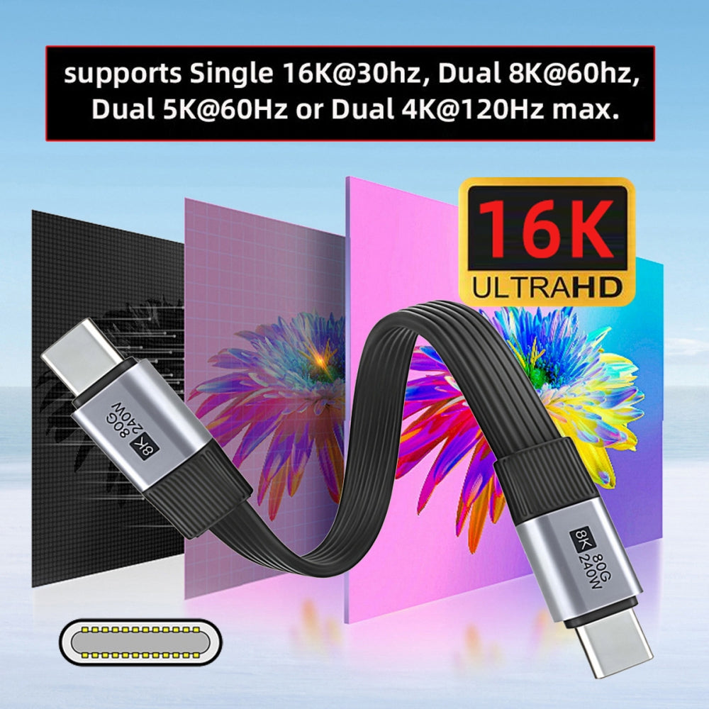 20cm USB5.0 80Gbps Flat Slim FPC Male to Male Extension Cable 240W 16K 8K 60Hz 5K Compatible with 40Gbps USB4.0 Thunderbolt3/4/5