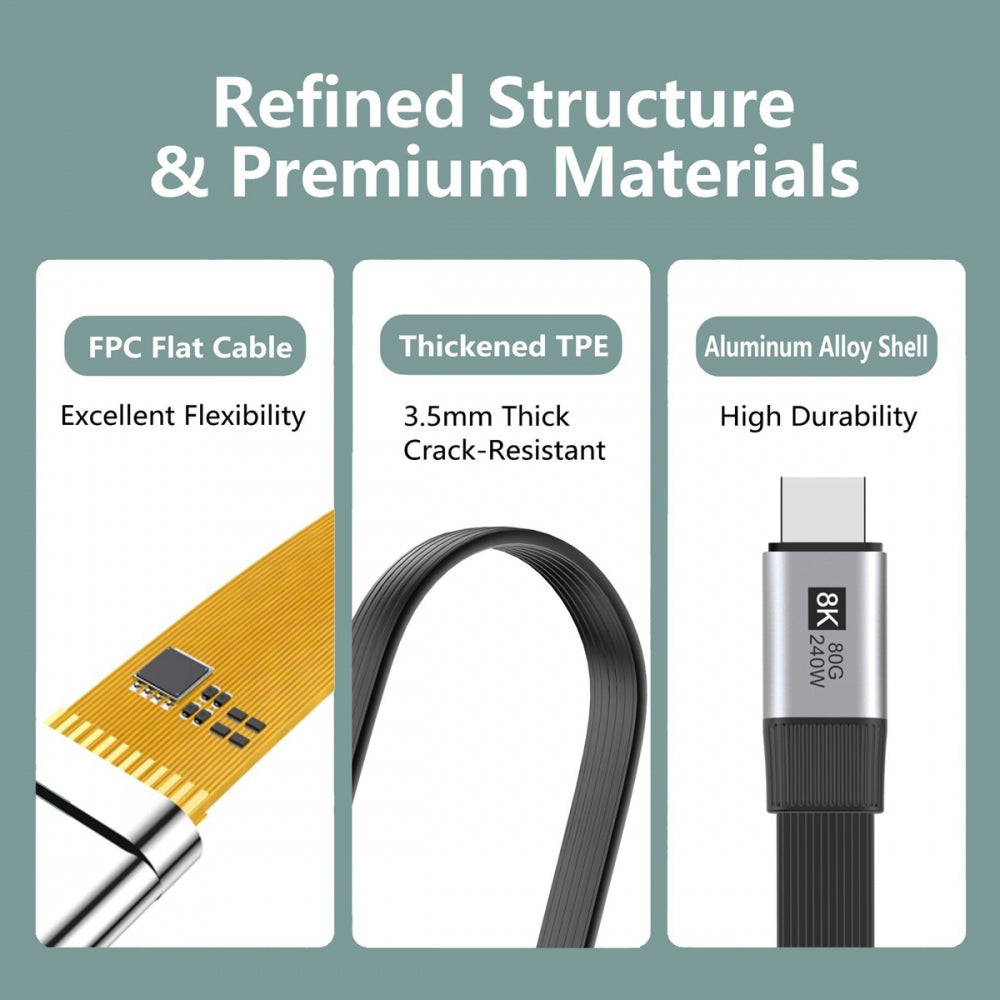 20cm USB5.0 80Gbps Flat Slim FPC Male to Male Extension Cable 240W 16K 8K 60Hz 5K Compatible with 40Gbps USB4.0 Thunderbolt3/4/5