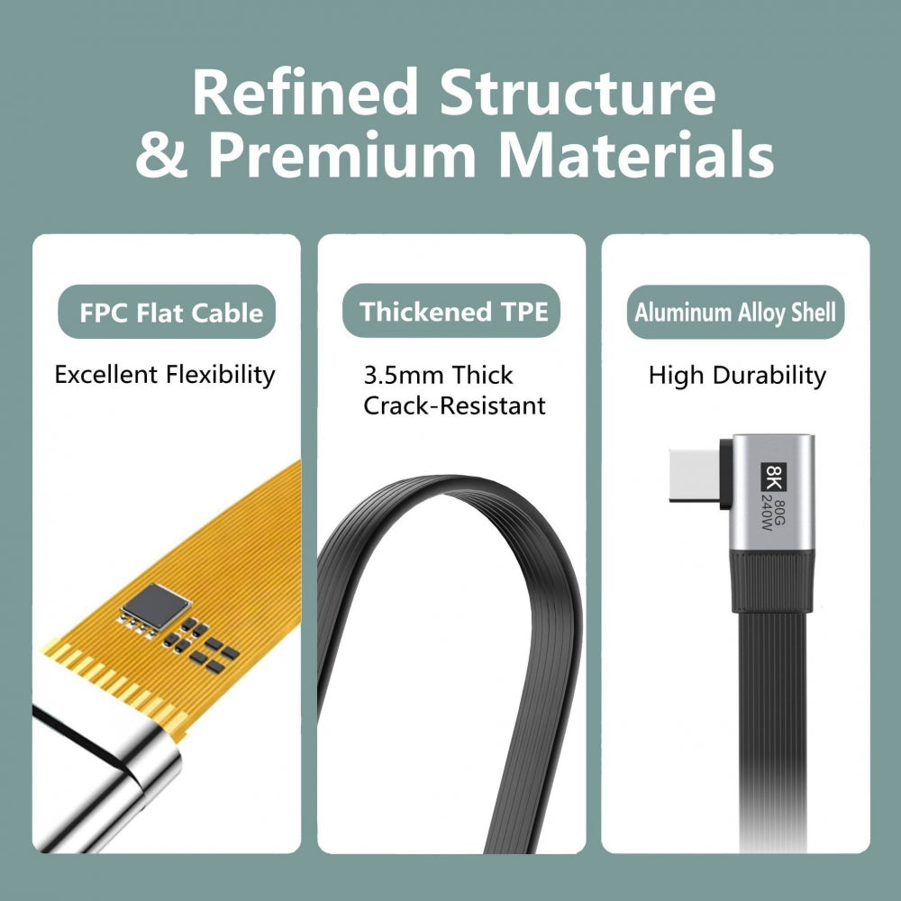 20cm USB5.0 80Gbps Flat Slim FPC Male to Male Extension Cable Right Angled 90 Degree 240W 16K 8K 60Hz 5K Compatible with 40Gbps USB4.0 Thunderbolt3/4/5