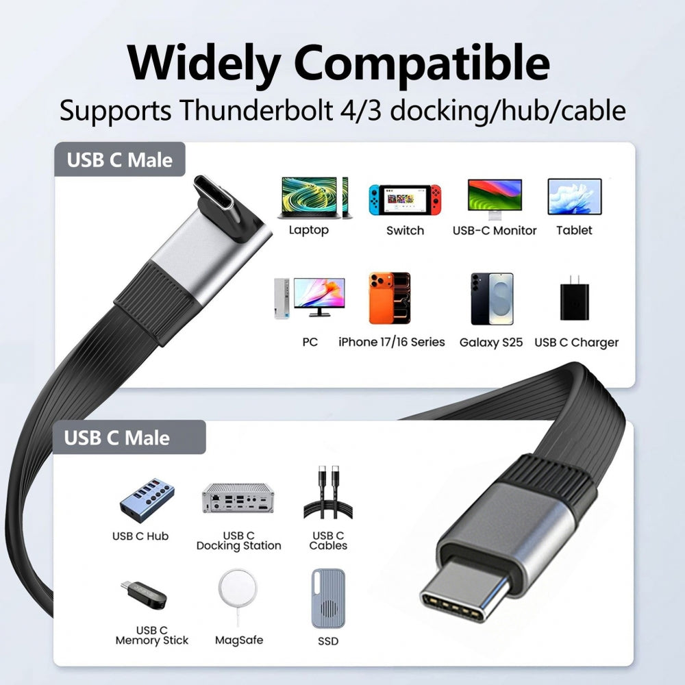 20cm USB5.0 80Gbps Flat Slim FPC Male to Male Extension Cable Up Angled 90 Degree 240W 16K 8K 60Hz 5K Compatible with 40Gbps USB4.0 Thunderbolt3/4/5