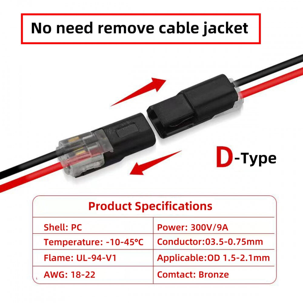 10pcs/lot Quick Connect Terminal Double Wire Plug Connector D2 Solderless Pluggable with Locking Buckle Compatible with Led Light Strip Connectors 2Pin 18-22AWG