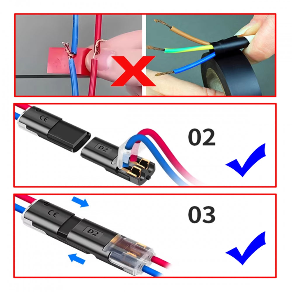 10pcs/lot Quick Connect Terminal Double Wire Plug Connector D2 Solderless Pluggable with Locking Buckle Compatible with Led Light Strip Connectors 2Pin 18-22AWG