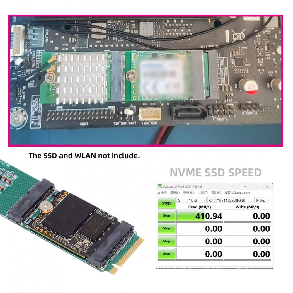 NGFF NVME M-Key Riser Card to E-Key WLAN Card & M.2 NGFF Key-M NVME SSD Adapter PCIE Packet Switch Compatible with NAS Industrial Control Motherboard