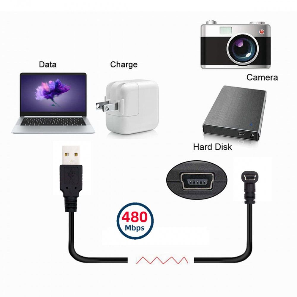 Mini USB2.0 Type-B 5Pin Male Down Angled 90 Degree Connector to USB 2.0 Type-A Male Power Data Cable for Camera GPS MP3 MP4 (150cm)