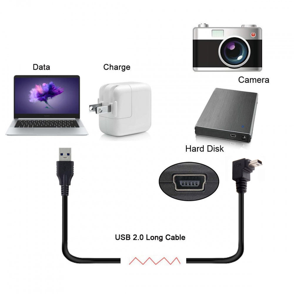 Mini USB2.0 Type-B 5Pin Male Up Angled 90 Degree Connector to USB 2.0 Type-A Male Power Data Cable for Camera GPS MP3 MP4 (50cm)