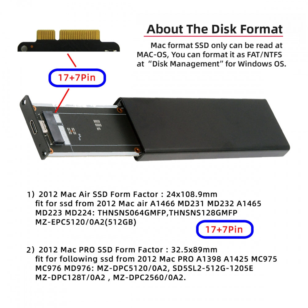 USB3.0 Type-C 5Gbps to 17+7Pin Mobile Box USB-C Enclosure for MAC Air Pro Retina 2012 SSD Portable Case