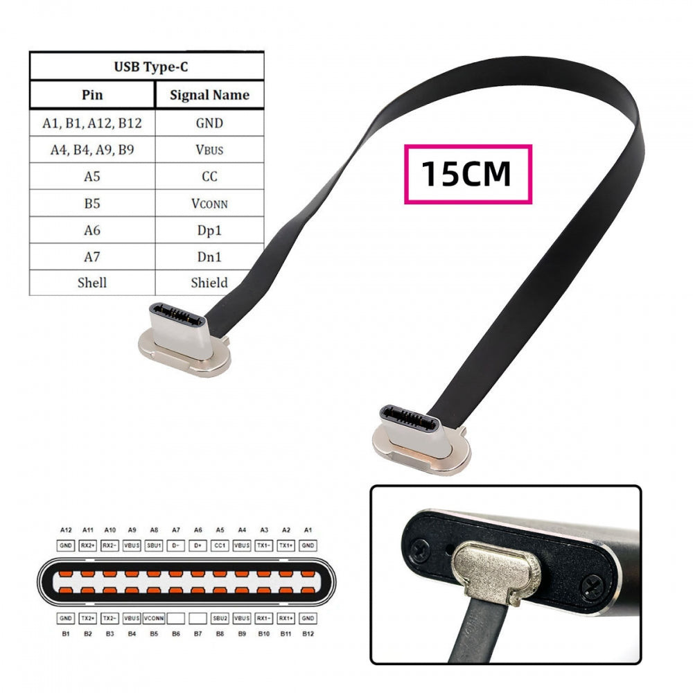 15cm Dual Angled Ultra Slim Flat USB-C Type C to USB-C Power USB2.0 Data Cable 65W Fast Charge for Laptop Tablet Phone