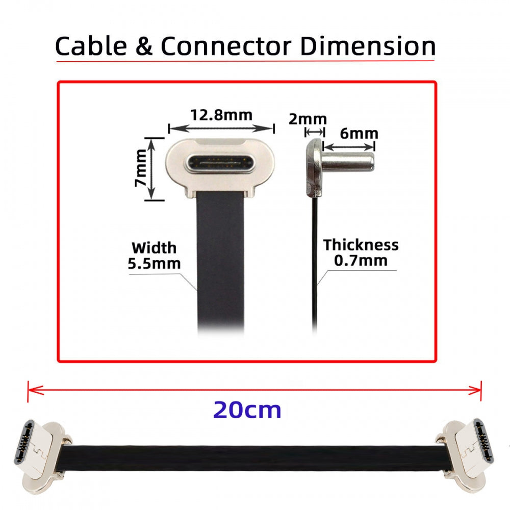 20cm Dual Angled Ultra Slim Flat USB-C Type C to USB-C Power USB2.0 Data Cable 65W Fast Charge for Laptop Tablet Phone