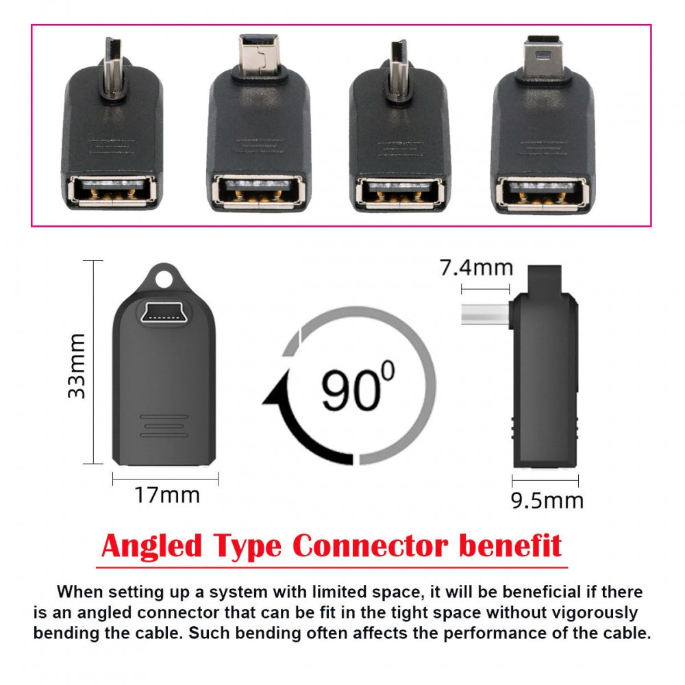4pcs/lot Mini USB 2.0 Type-B Male to OTG USB2.0 Type-A Female Adapter On-the-Go 90 Degree Angled for Phone Tablet Disk Keyboard Data