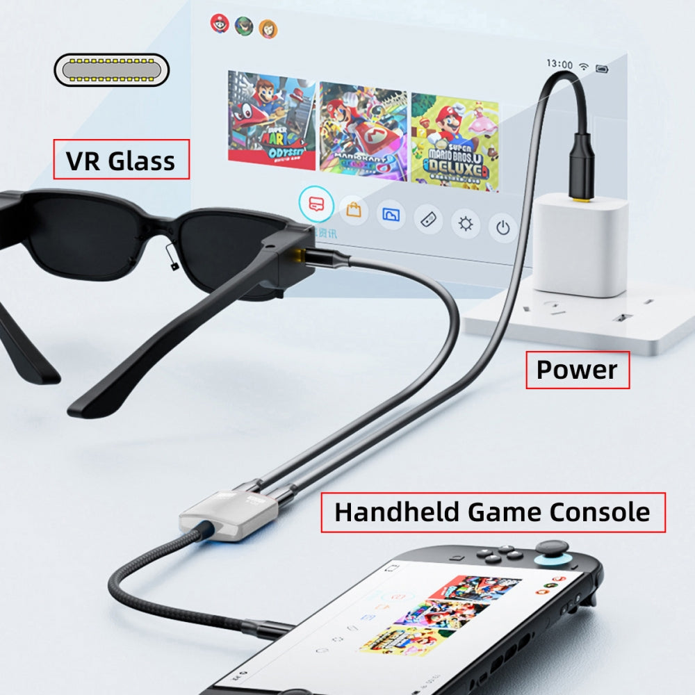 White USB-C Type-C 1-to-2 VR AR Glass OTG 8K Video USB-C Female 100W PD Power Cable for NS Handheld Console Laptop Tablet Phone