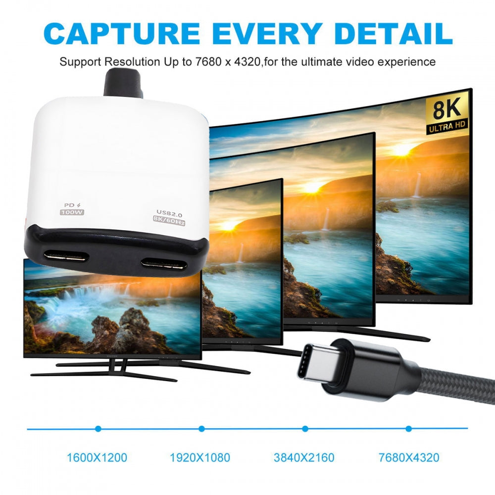 White USB-C Type-C 1-to-2 VR AR Glass OTG 8K Video USB-C Female 100W PD Power Cable for NS Handheld Console Laptop Tablet Phone