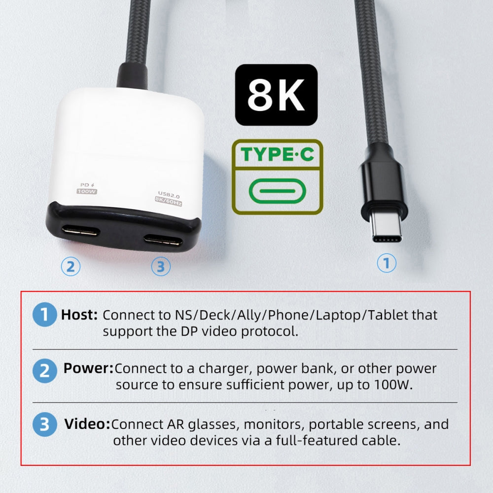White USB-C Type-C 1-to-2 VR AR Glass OTG 8K Video USB-C Female 100W PD Power Cable for NS Handheld Console Laptop Tablet Phone