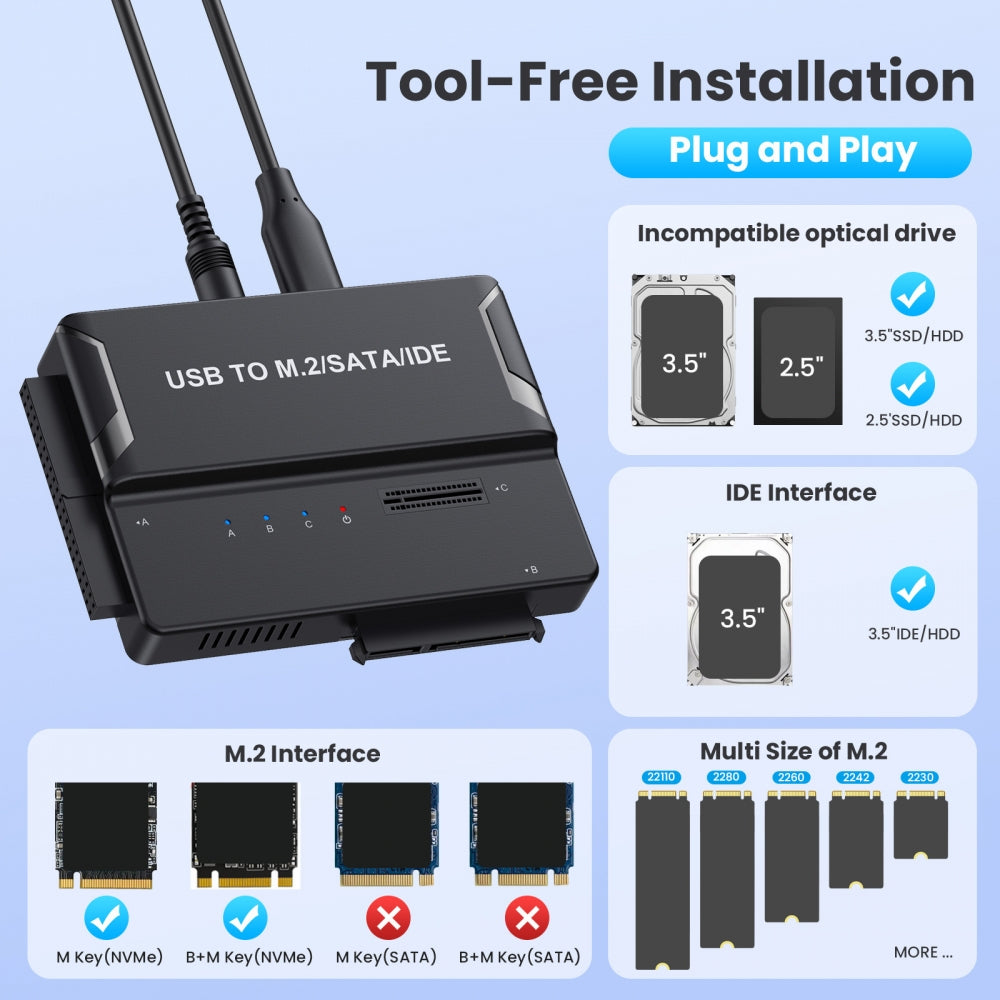 USB 3.0 USB-C Type-C to NVME M-key M.2 NGFF & SATA 2.5 3.5 Inch & IDE 40Pin SSD Docking Vertical External PCBA Case Enclosure