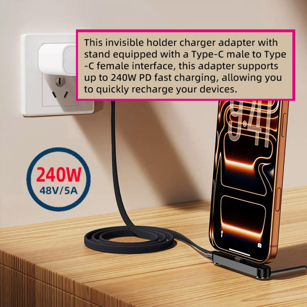 240W Type-C Fast Charging Cable with Built-in Phone Stand Dual Holder Durable Charger Bracket USB-C Male to Male Foldable