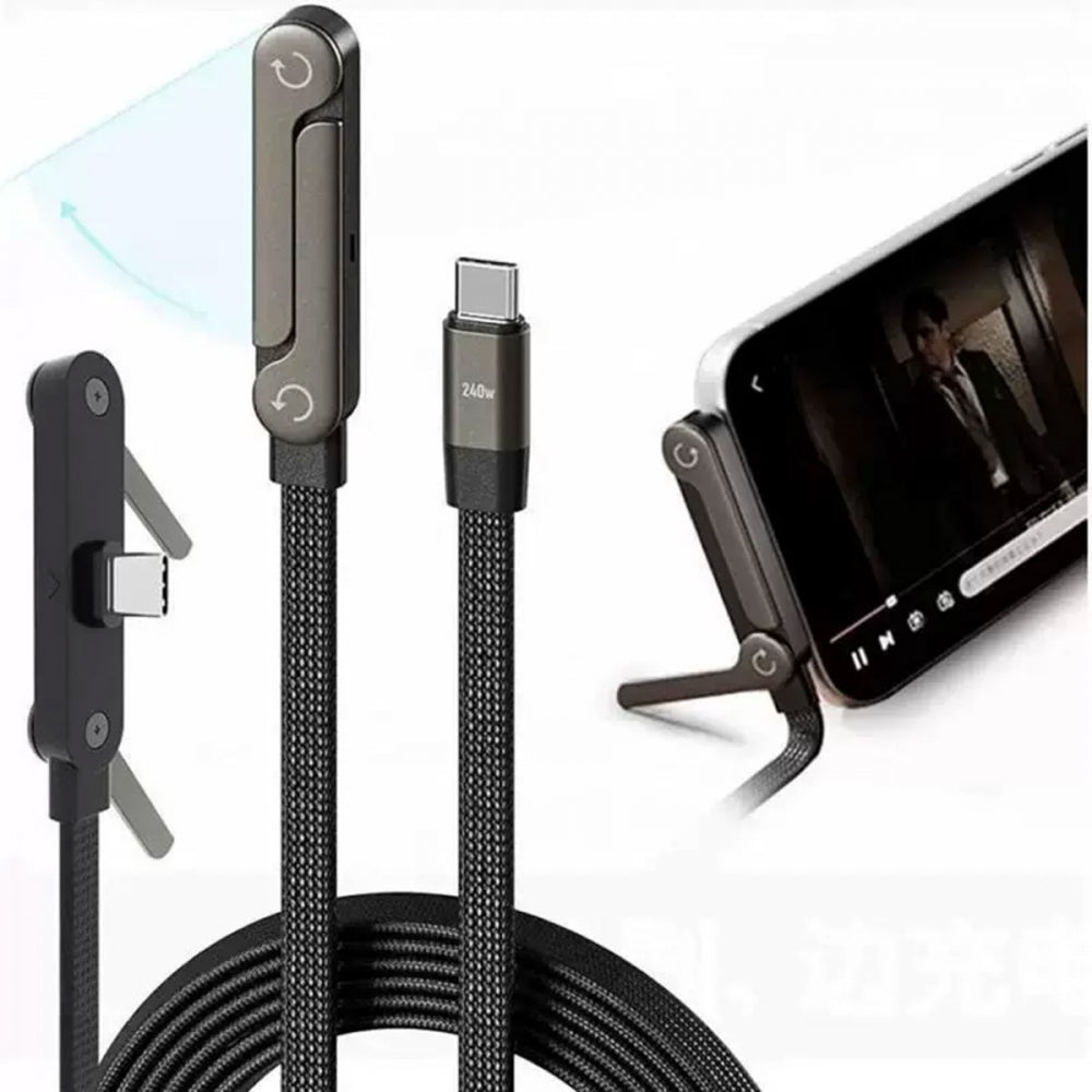 240W Type-C Fast Charging Cable with Built-in Phone Stand Dual Holder Durable Charger Bracket USB-C Male to Male Foldable