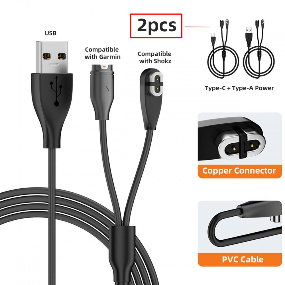 2pcs/lot USB Type-C & Type-A to 2Pin 4Pin Magnetic Smart Watch Earphone Charging Cable Combo Compatible with Garmin Shokz