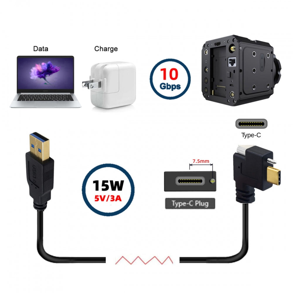Left Right Angled USB 3.1 Type-C Male Single Screw Locking to USB3.0 Type-A Male Data Power Cable 90 Degree for Camera