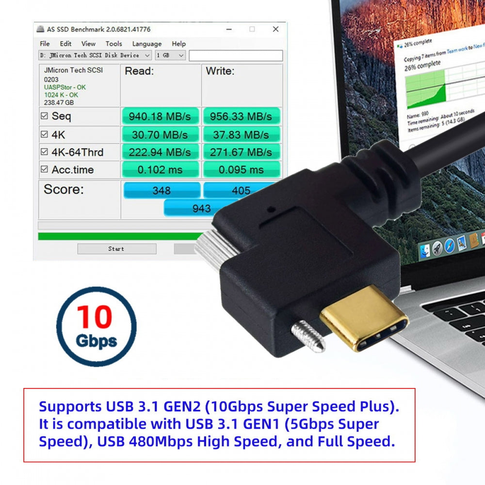 Left Right Angled USB 3.1 Type-C Male Single Screw Locking to USB3.0 Type-A Male Data Power Cable 90 Degree for Camera