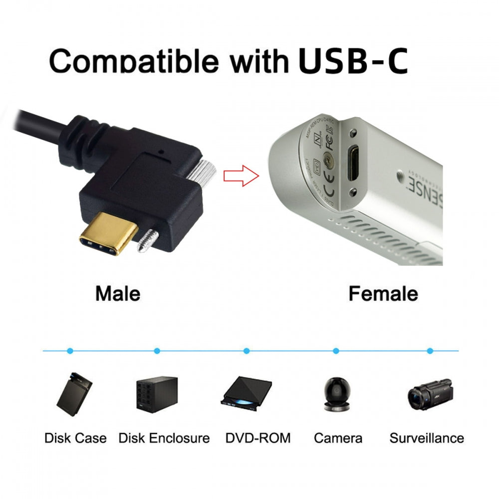 Left Right Angled USB 3.1 Type-C Male Single Screw Locking to USB3.0 Type-A Male Data Power Cable 90 Degree for Camera