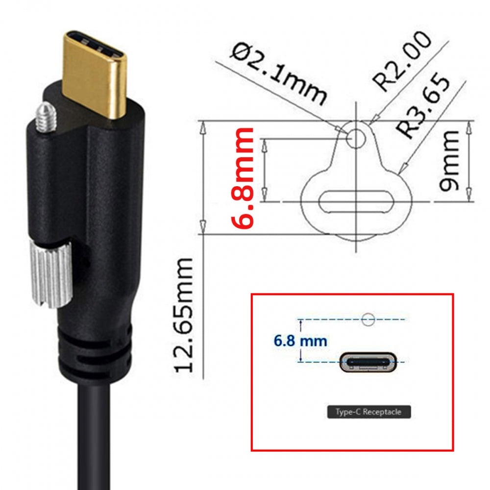 USB 3.1 Type-C Male Single Screw to Single Thumbscrew Locking USB-C Horizontal 90 Degree Left Right Angled 10Gbps Data Cable Panel Mount Type