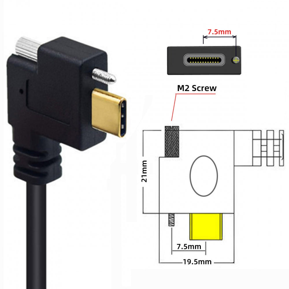 USB 3.1 Type-C Male Single Screw to Single Thumbscrew Locking USB-C Horizontal 90 Degree Left Right Angled 10Gbps Data Cable Panel Mount Type