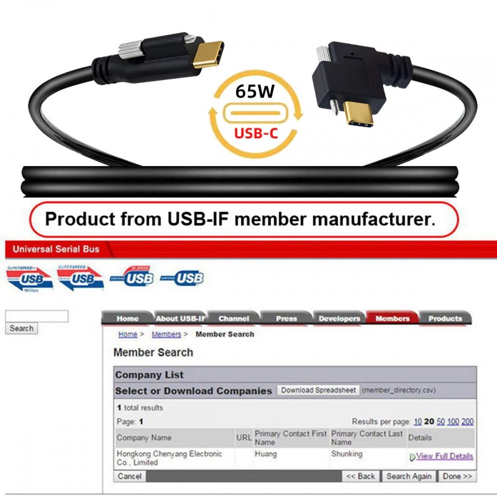 USB 3.1 Type-C Male Single Screw to Single Thumbscrew Locking USB-C Horizontal 90 Degree Left Right Angled 10Gbps Data Cable Panel Mount Type
