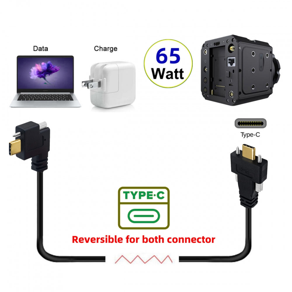 USB 3.1 Type-C Male Dual Screw to Single Thumbscrew Locking USB-C Horizontal 90 Degree Left Right Angled 10Gbps Data Cable Panel Mount Type