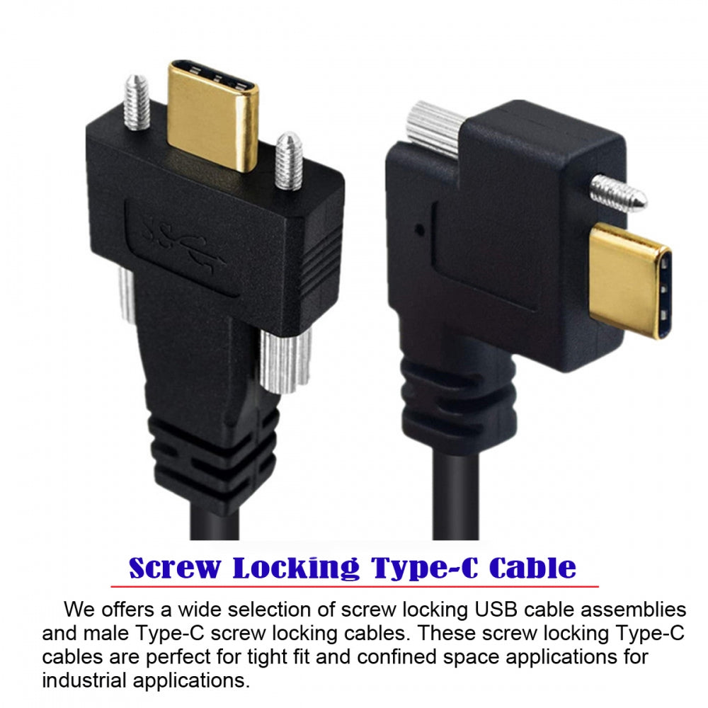 USB 3.1 Type-C Male Dual Screw to Single Thumbscrew Locking USB-C Horizontal 90 Degree Left Right Angled 10Gbps Data Cable Panel Mount Type