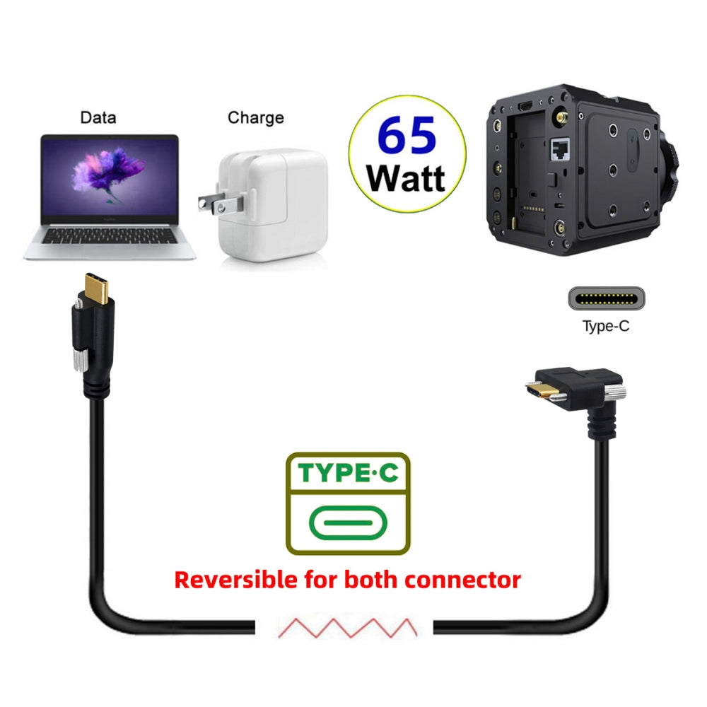 USB 3.1 Type-C Male Single Screw to Dual Thumbscrew Locking USB-C Up Down Angled 90 Degree 10Gbps Data Cable Panel Mount Type