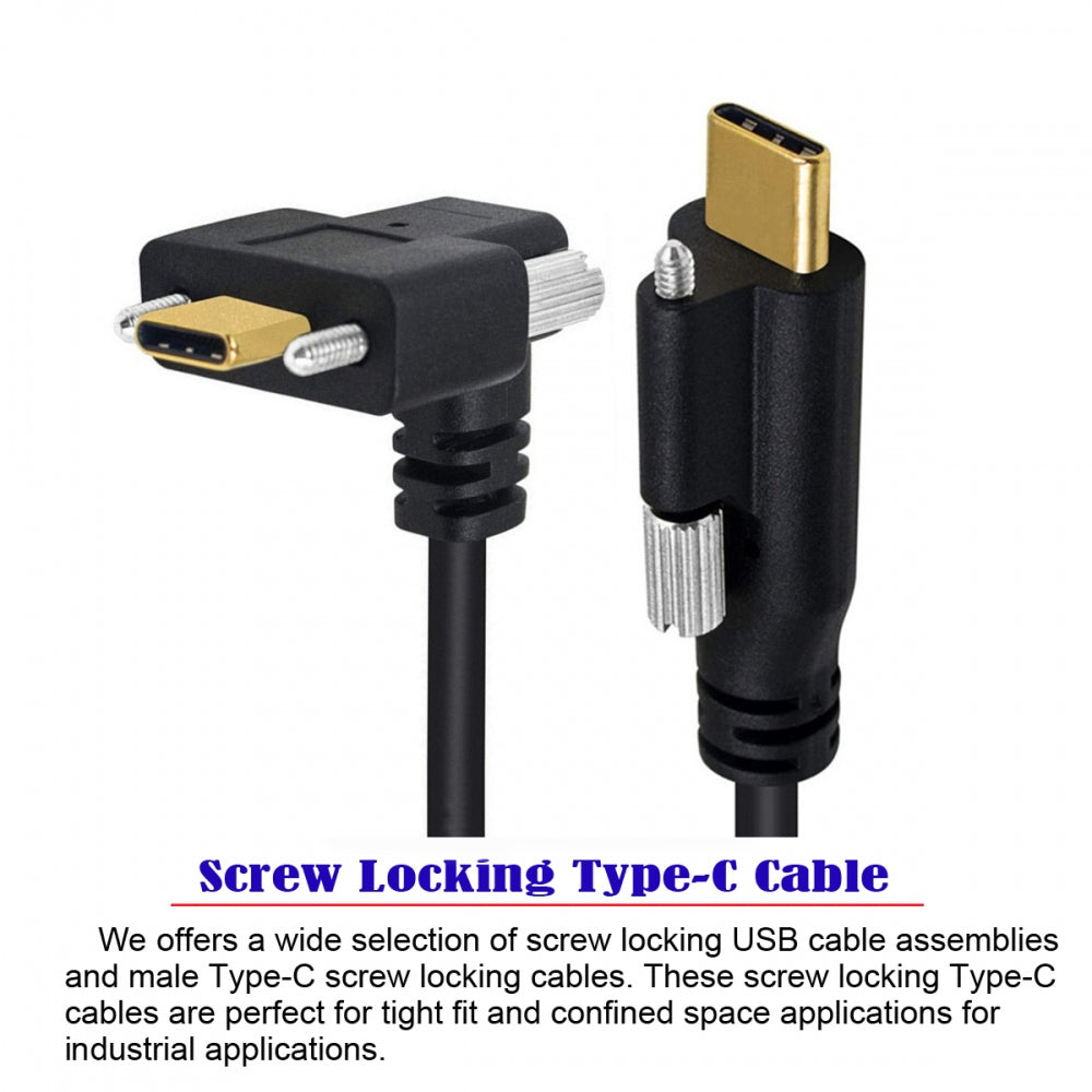 USB 3.1 Type-C Male Single Screw to Dual Thumbscrew Locking USB-C Up Down Angled 90 Degree 10Gbps Data Cable Panel Mount Type