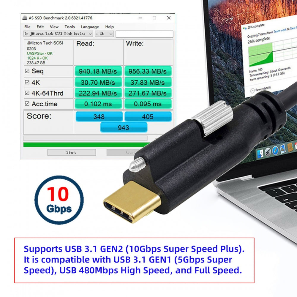 USB 3.1 Type-C Male Single Screw to Dual Thumbscrew Locking USB-C Up Down Angled 90 Degree 10Gbps Data Cable Panel Mount Type