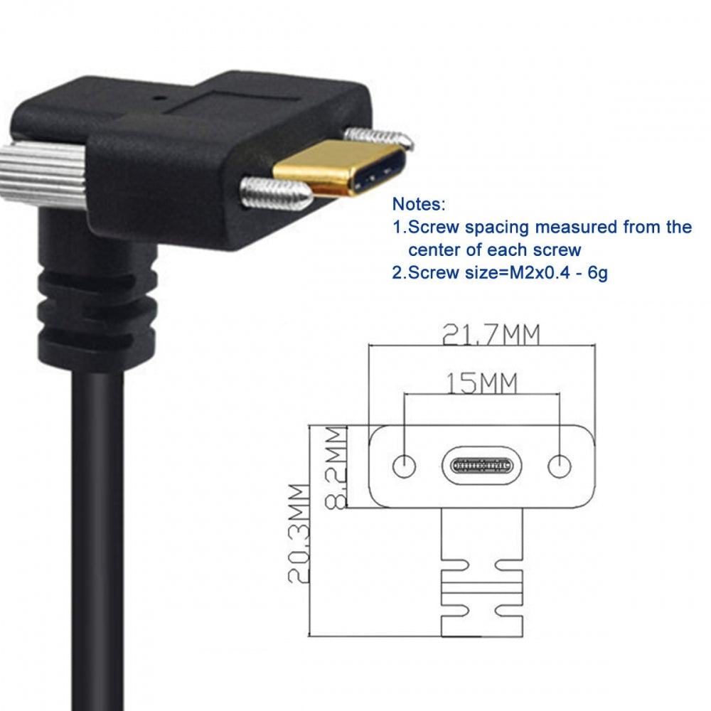 USB 3.1 Type-C Male Single Screw to Dual Thumbscrew Locking USB-C Up Down Angled 90 Degree 10Gbps Data Cable Panel Mount Type