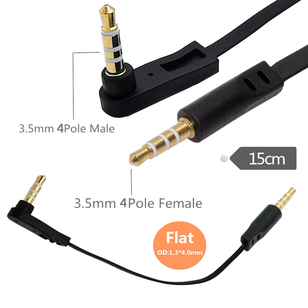 Ultra Slim Flat AUX 3.5mm 4 Poles Audio Stereo Male to Male Extension Speaker Cable 90 Degree Right Angled 15cm