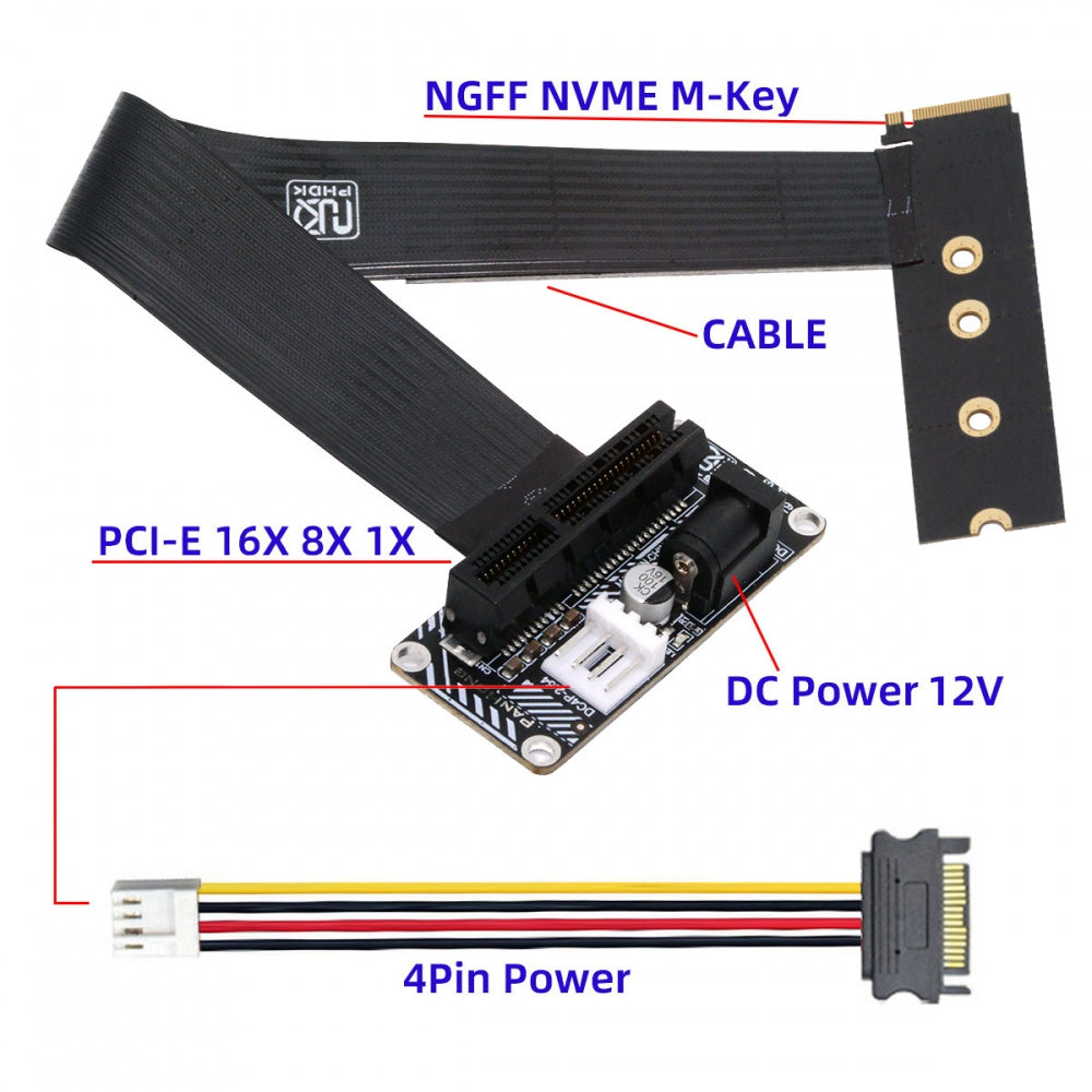 Right Angled Type 90 Degree M.2 NGFF NVMe M-Key to Up Angled PCI-E X1 X4 X8 X16 Socket Cable Graphics Card Extension Adapter PCI-Express for M2 2260 2280