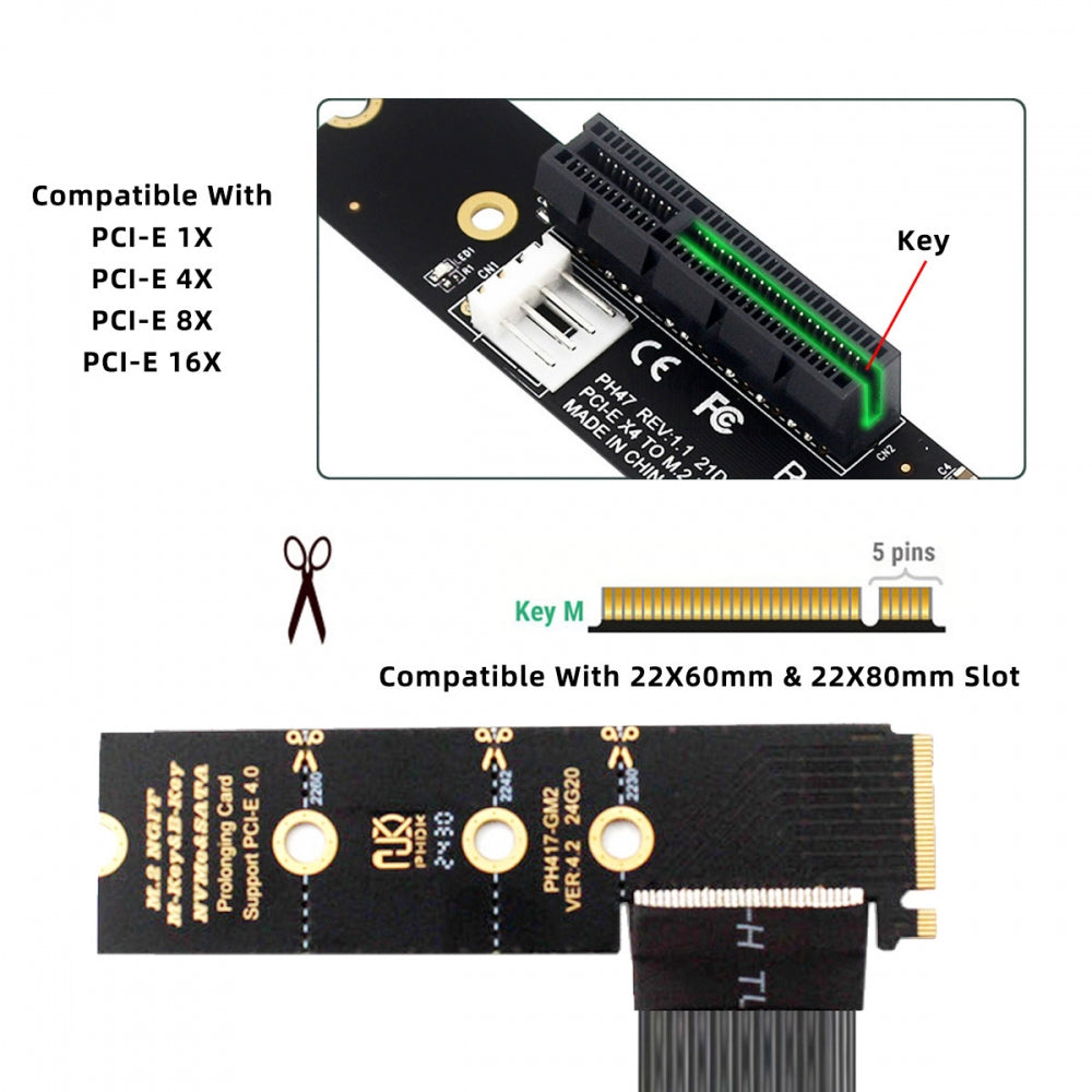 Right Angled Type 90 Degree M.2 NGFF NVMe M-Key to Up Angled PCI-E X1 X4 X8 X16 Socket Cable Graphics Card Extension Adapter PCI-Express for M2 2260 2280