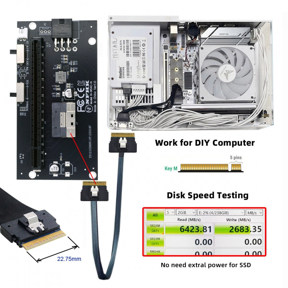 Slimline 8X SFF-8654 74Pin to PCIE PCI-Express 16x Adapter TGX with PCI-E 6Pin Power Switch Port for Mainboard Graphics Card