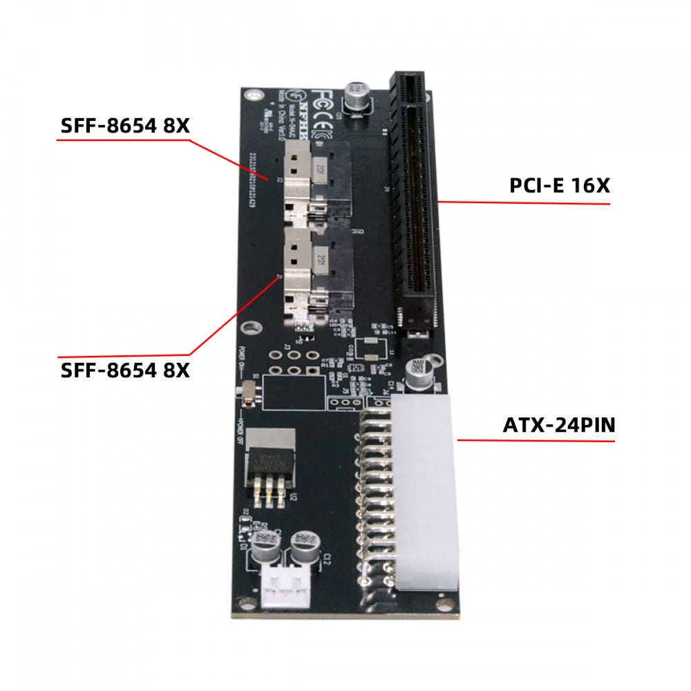 Dual Slimline 8X SFF-8654 74Pin VROC to PCIE PCI-Express 16x Adapter with ATX 24Pin Power Switch Port for Mainboard Graphics Card