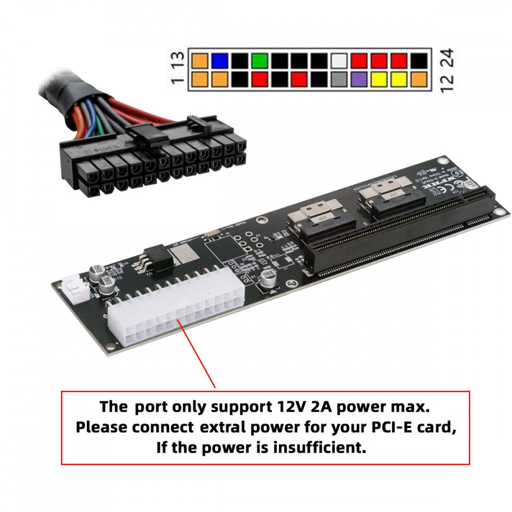 Dual Slimline 8X SFF-8654 74Pin VROC to PCIE PCI-Express 16x Adapter with ATX 24Pin Power Switch Port for Mainboard Graphics Card