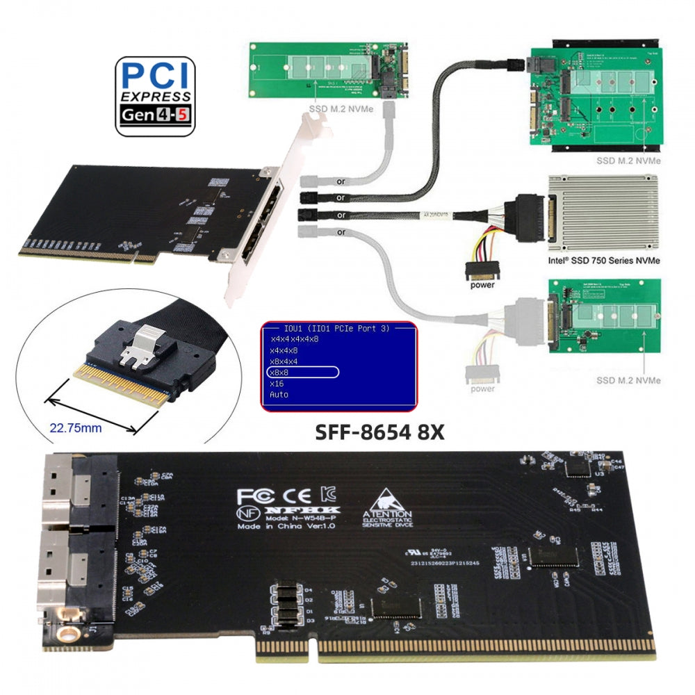 External Slimline Dual SFF-8654 8X 74Pin to PCIE 16X Express 5.0 PCIE4.0 Raid Card VROC Raid0 Hyper Adapter with Linear Redriver over Long Cable Lengths