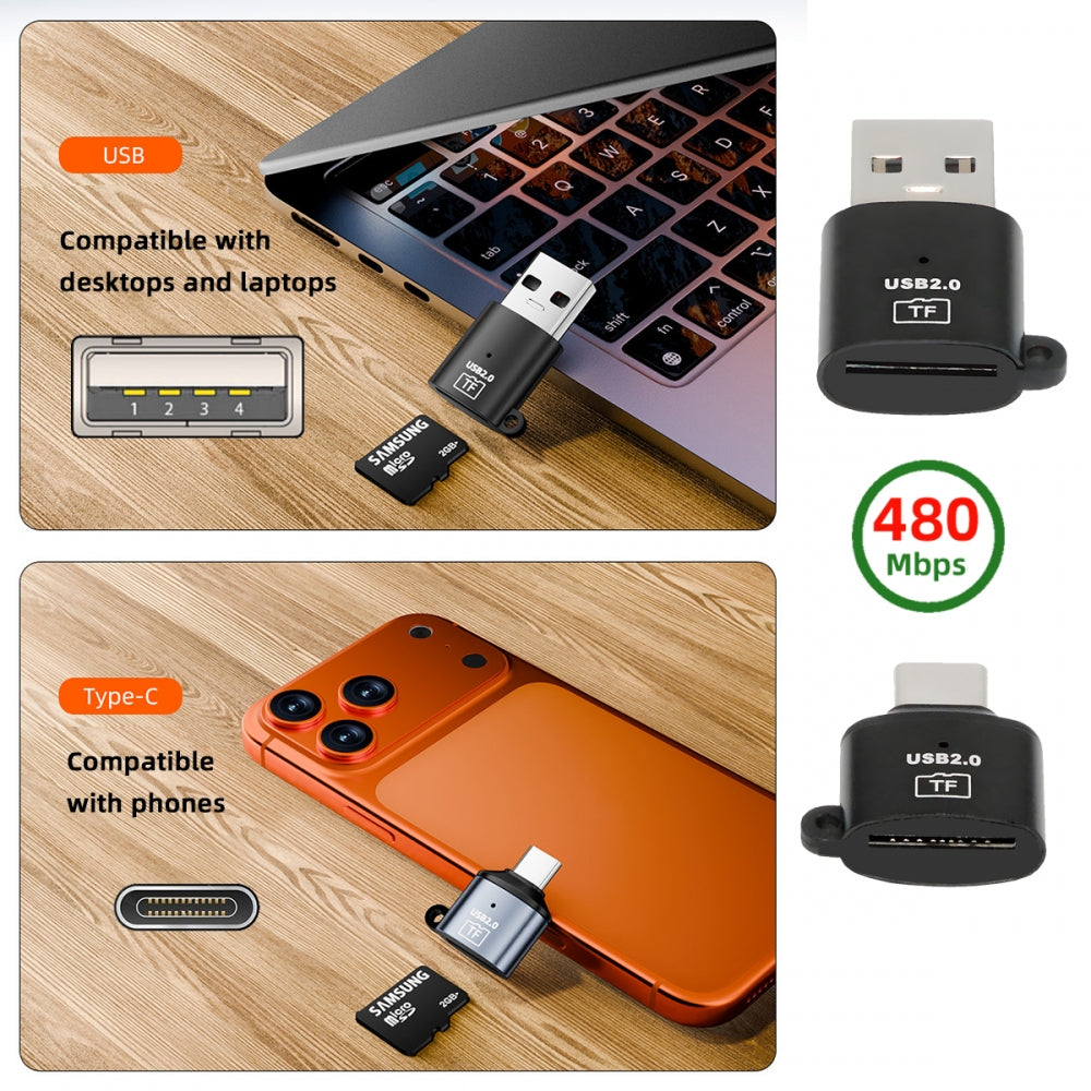 2pcs/lot USB-C Type-C Host & USB 2.0 Type-A to TF Micro-SD T-Flash Card Reader OTG Adapter for Laptop Tablet Phone
