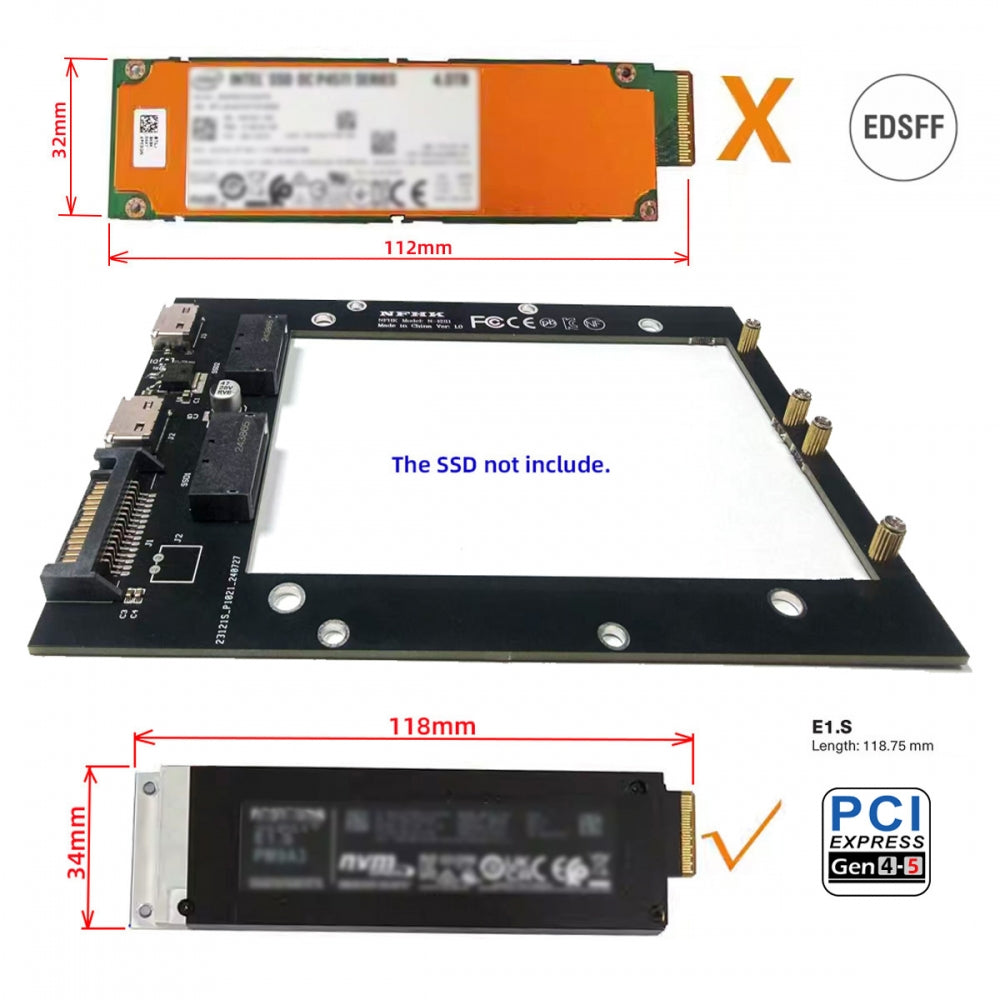 Dual SFF-8612 Oculink 4x Host to Dual Ruler 1U GEN-Z EDSFF 9.5mm 15mm 25mm Short SSD E1.S PCI-E with Heat Sink PM9A3 PM9D3 P5801X Carrier Adapter