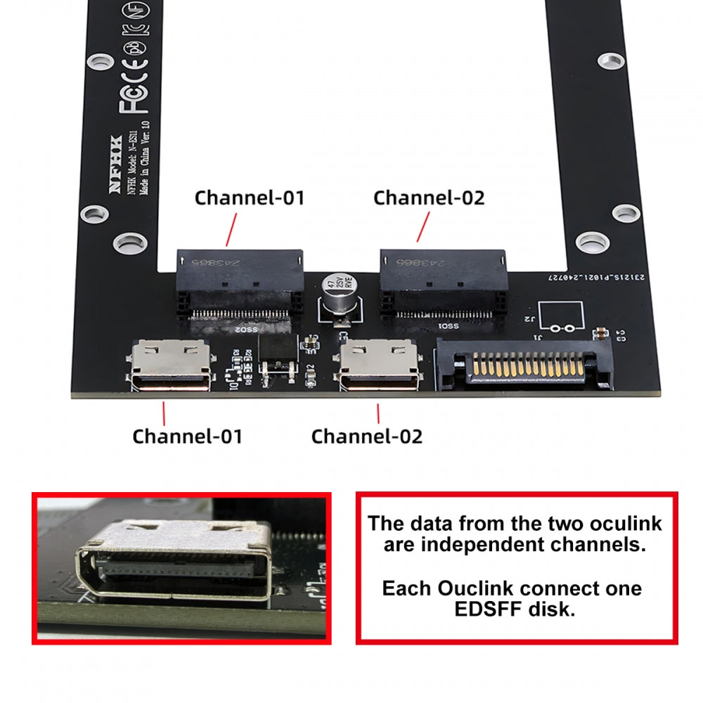 Dual SFF-8612 Oculink 4x Host to Dual Ruler 1U GEN-Z EDSFF 9.5mm 15mm 25mm Short SSD E1.S PCI-E with Heat Sink PM9A3 PM9D3 P5801X Carrier Adapter