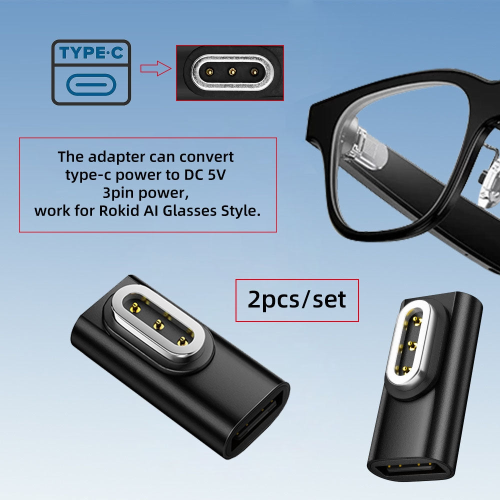 2pcs/lot Connector USB Type-C to 3-Pin Charging Adapter Compatible with Rokid AI Smart Glasses Style Smart Audio Sun Glasses