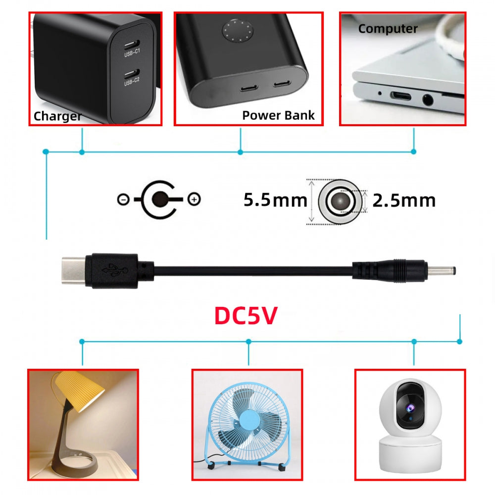 Type C USB-C Input with 5.1K Resistor to 5V DC 5.5*2.5mm Output Power Charge Cable 100cm for DC5V Desk Lamp Fan Camera