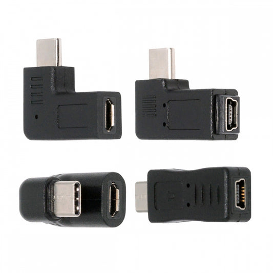 4pcs/lot Micro & Mini USB Female to USB-C USB2.0 Type C Male Power Data Adapter Opposite Right Back Angled