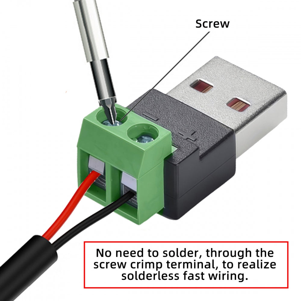 5pcs/set 2Pin Terminal Input to USB2.0 Type-A Male Plug Output Connector DIY OEM Repair Solderless Connector DC 5V Power