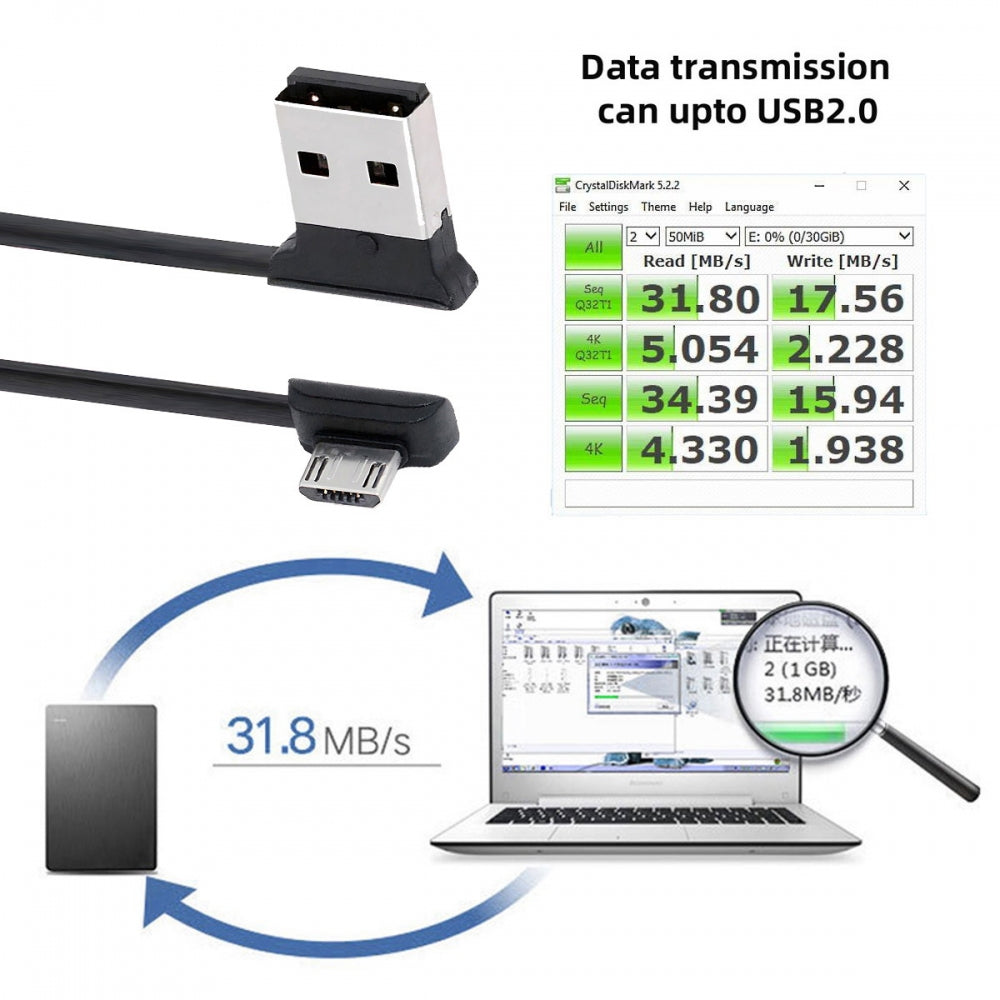 Left Angled Micro USB 5Pin to Right Angled 90 Degree USB 2.0 Data Power Cable Flat Slim for Tablet  Phone USB-Key Digital Certificate 12cm