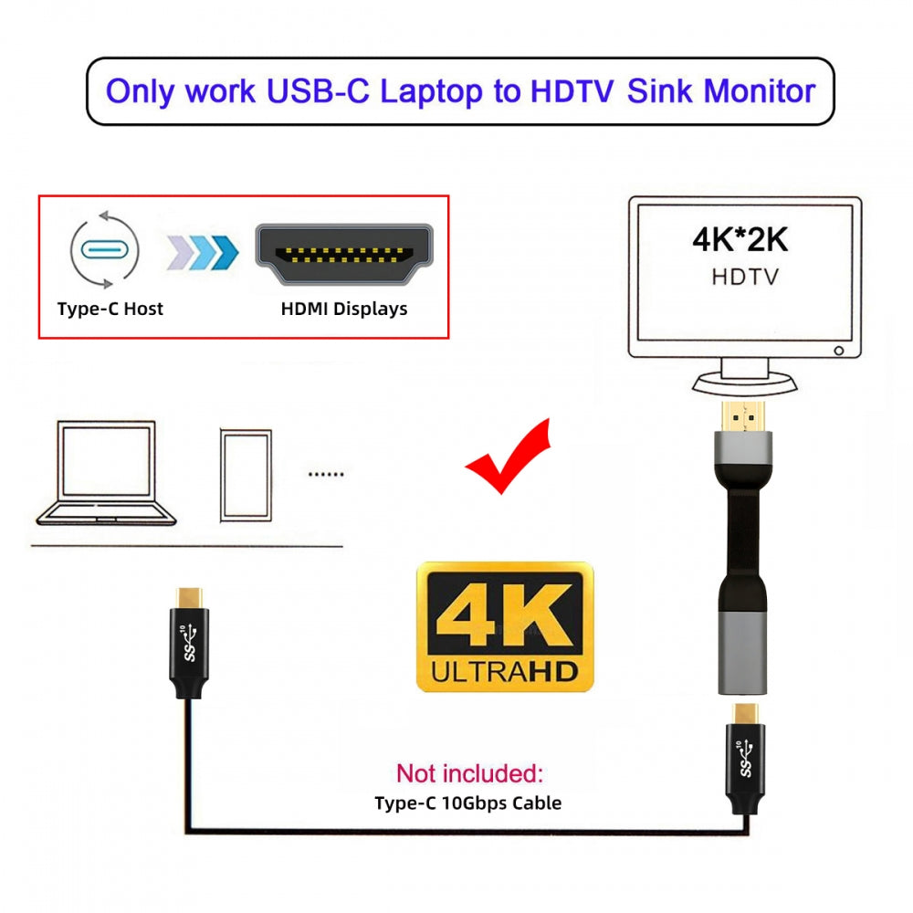 USB-C Type-C Female Host to HDMI Male 4K 60hz Sink HDTV Adapter Ultra Slim Flat Cable 1080p for Laptop Tablet Phone