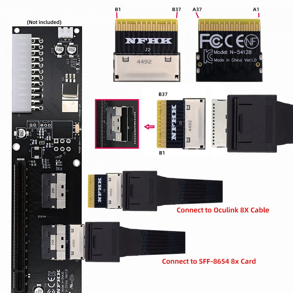 Oculink 8X Female SFF-8612 to SFF-8654 Male 8x Slimline SSD eGPU Data PCBA Adapter PCIe PCI-Express